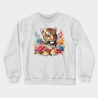 A baby tiger decorated with beautiful colorful flowers. Crewneck Sweatshirt